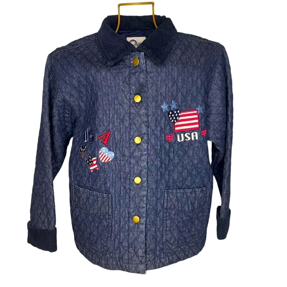 Vintage Rainbow Sportswear Quilted Denim Jacket with USA Patriotic Patchwork - M